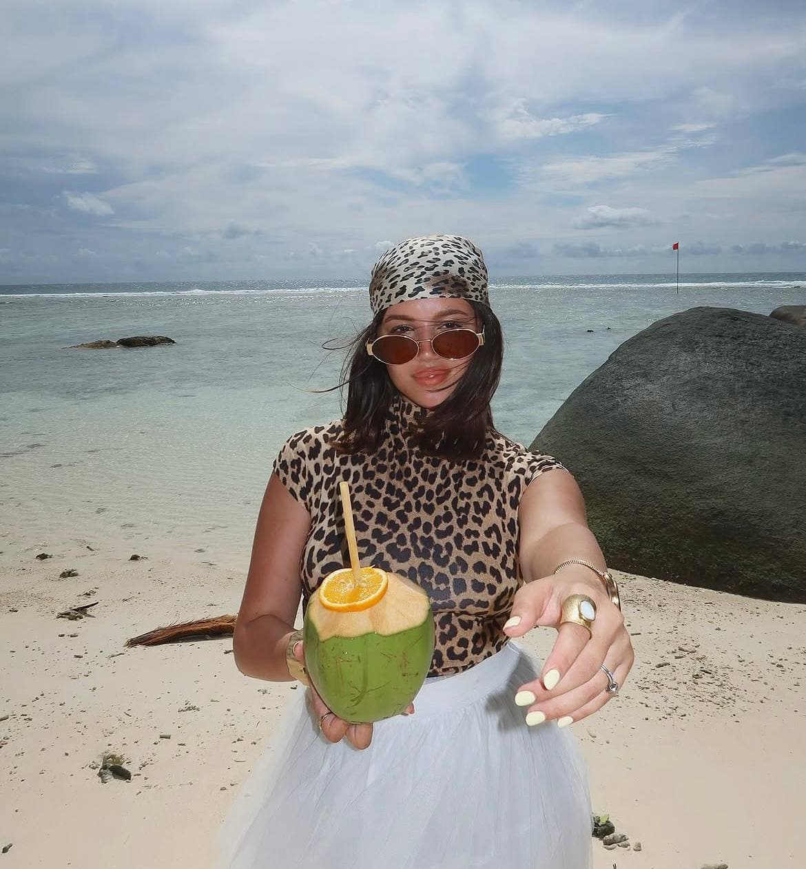 Leopard print and headscarf, seaside
